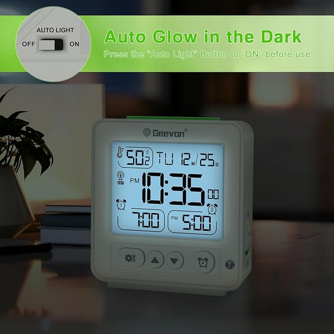 Geevon Small Digital Alarm Clock for Heavy Sleepers, Portable Travel Atomic Clock with Battery Powered, Compact Desk Table Clock with Auto Light Night, Dual Alarms, 8s Backlight for Bedroom, White