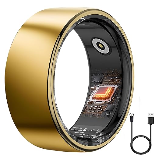 Smart Ring Health Tracker - 24/7 Fitness & Sleep Tracking with Heart Rate Monitor, IP68 Waterproof Activity Tracker for Men/Women, 50+ Workout Modes, 7-Day Battery(Gold 12#)