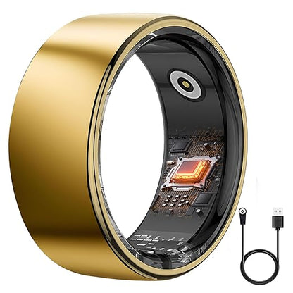 Smart Ring Health Tracker - 24/7 Fitness & Sleep Tracking with Heart Rate Monitor, IP68 Waterproof Activity Tracker for Men/Women, 50+ Workout Modes, 7-Day Battery(Gold 12#)