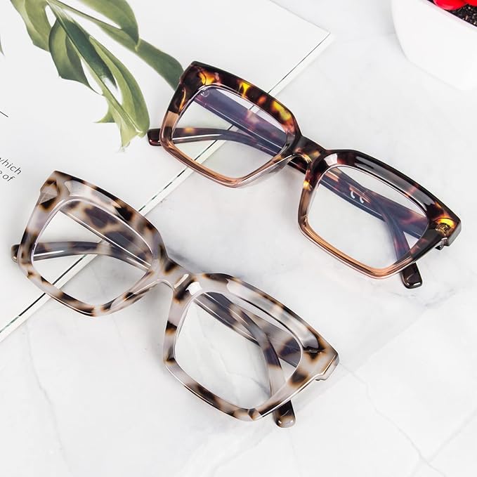 REAVEE 2 Pack Oprah Style Oversized Reading Glasses for Women Men Blue Light Blocking, Ladies Stylish Retro Square Large Computer Readers (Leopard/Tea Leopard 1.75x)