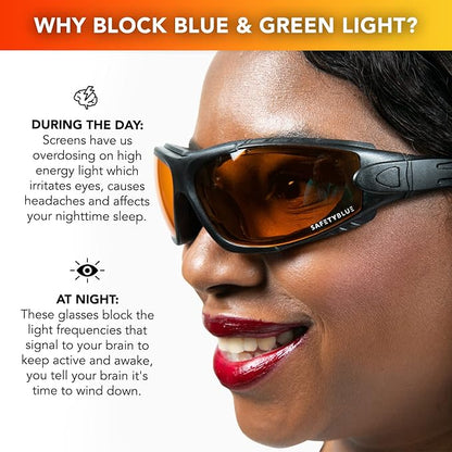 Sleep Savior Deluxe Amber Lens Glasses - Block Blue & Green Light, Boost Melatonin, Enhance Sleep Quality, Reduce Eye Strain, Interchangeable Strap, Padded for Ultimate Comfort