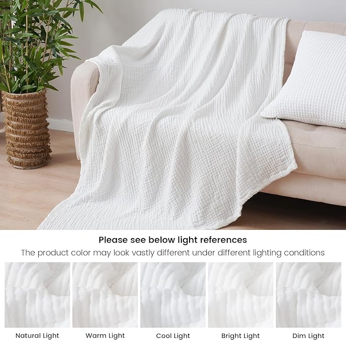 PHF Cooling Muslin Throw Blanket for Hot Sleepers, 60% Rayon Derived from Bamboo, 40% Cotton for Summer, 4-Layer Breathable Gauze Blanket for Bed Couch, 50"x60", White