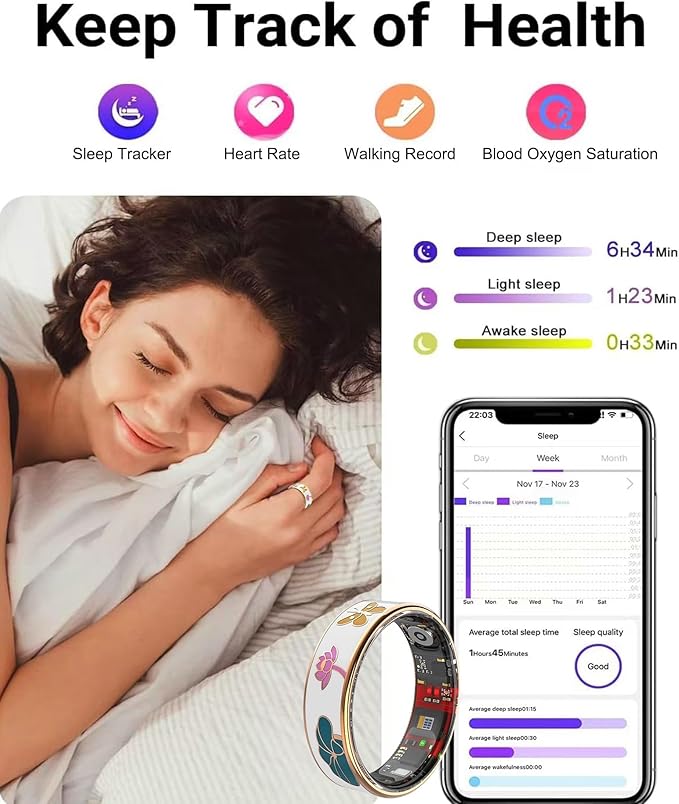 Smart Ring for Women,Fitness Tracker with Heart Rate,Blood Oxygen,Menstrual Cycle,Sleep Monitoring,Step Counting,IP68 Waterproof for iOS and Android,No Subscription Fee (10#)
