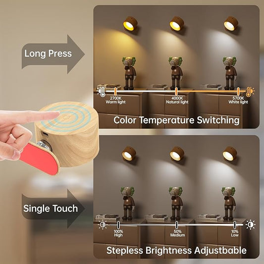 3PACK Romote LED Wall Sconce - Rechargeable Wall Light, 3 Colors & 3 Brightness Levels, 360° Magnetic Rotating Head, Bedside Reading Lamp, Easy Install Battery Operated Lamp Wood