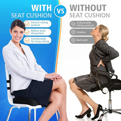 Ergonomic Seat Cushion & Lumbar Support Pillow - Memory Foam for Sciatica Pain Relief & Posture Correction, Non-Slip Chair Cushions for Office Chair/Car/Wheelchair/Travel (Black)