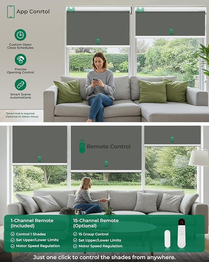 Allesin Motorized Roller Blinds with Remote Control for Windows, Blackout Automatic Smart Shades,Dry Battery Powered Electric Blind (Smoky Gray 39" W x 72" H)