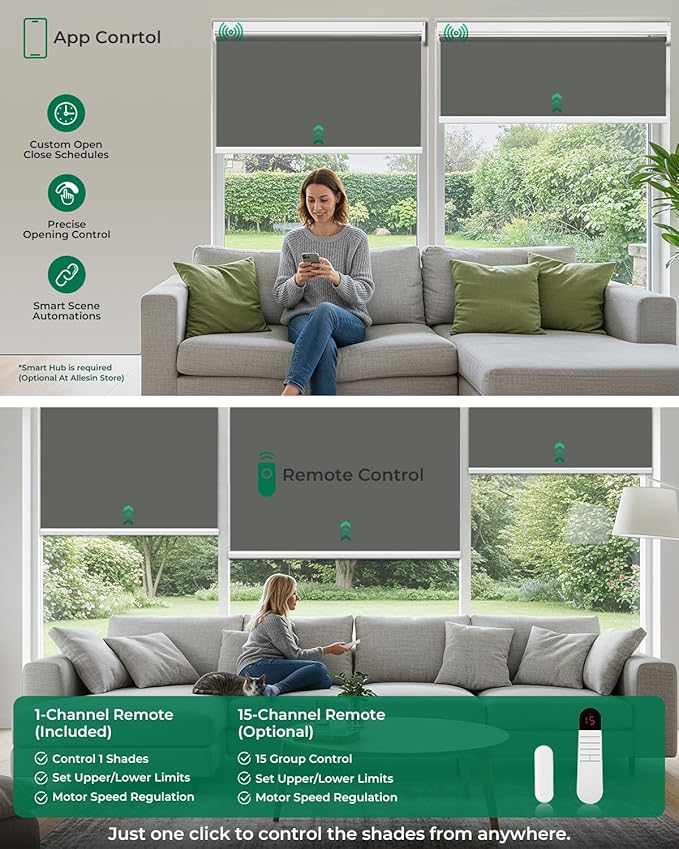 Allesin Motorized Roller Blinds with Remote Control for Windows, Blackout Automatic Smart Shades,Dry Battery Powered Electric Blind (Smoky Gray 27" W x 72" H)
