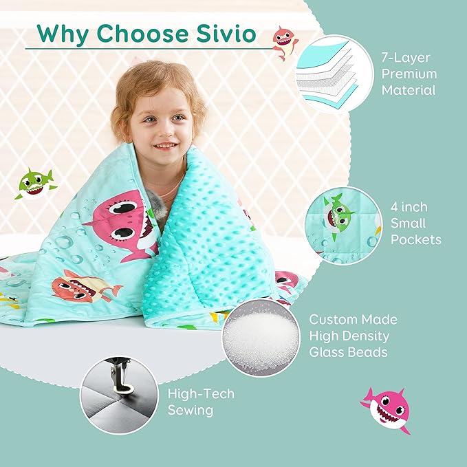 Sivio Weighted Blanket 7 lbs, Super Soft Crystal Velvet & Minky Dots Cartoon Patterns Reverise Heavy Throw, Heavy Blankets, 41 x 60 Inch Green Shark