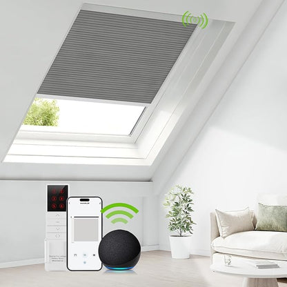ZSTARR Motorized Skylight Shades Blackout Cellular Honeycomb Electric Blinds with Solar Panel Cordless Rechargeable with Remote for Roof and Slanted Windows Custom Size (BO Printed Greyscale)