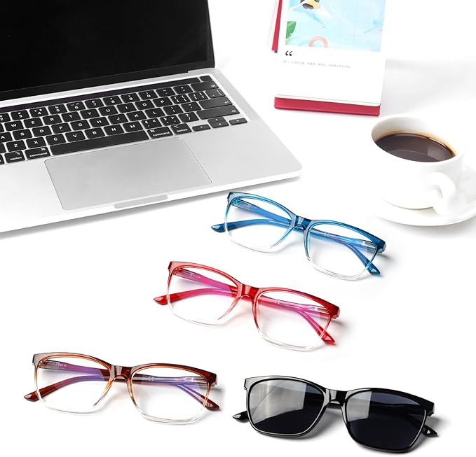 Henotin 4 Pack Ladies Reading Glasses Blue Light Blocking Spring Hinge Readers Anti Eyestrain Computer Eyeglasses (Mix Color, 1.5)