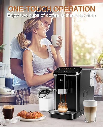 Fully Automatic Coffee Machine, 20 Bar Espresso Machine with Grinder & Automatic Milk Frother, 1-15 Adjustable Grind Size Levels, 1.5L Water Tank, Cappuccino & Latte Machine for Home