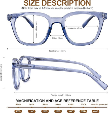 Reading Glasses for Men Women Blue Light Blocking with Spring Hinge, Blocking Readers Anti UV Ray Filter Eyeglasses, Square Computer Reader Glasses，Transparent Deep Blue，+0.0