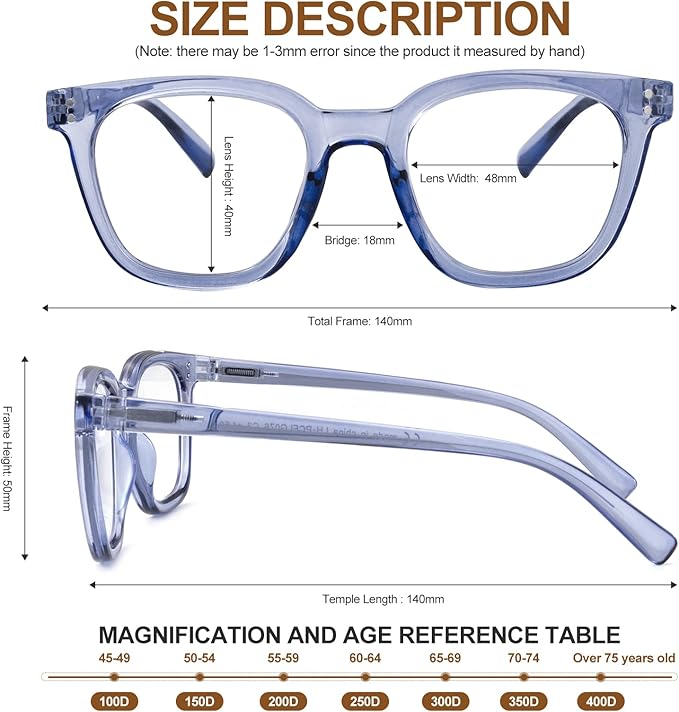 Reading Glasses for Men Women Blue Light Blocking with Spring Hinge, Blocking Readers Anti UV Ray Filter Eyeglasses, Square Computer Reader Glasses，Transparent Deep Blue，+3.0