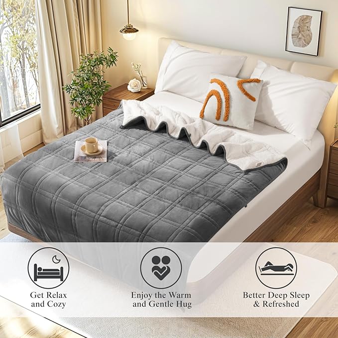 LBRO2M Sherpa Weighted Blanket 15 lbs, Heavy Blanket Sherpa Flannel with Glass Beads, Soft Thick Comfort Blankets for Adults,Bed Heavy Blanket 60 X 80 Inches, Dark Gray