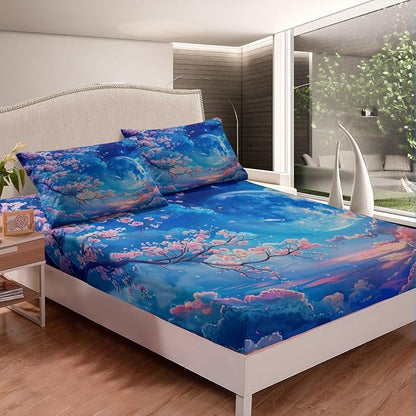 Cherry Blossoms Fitted Sheet Full Size,Moonnight Cloud Starry Sky Bedding Set,Girls Women Room Decor,Sakura Flowers Chinese Style Bed Cover,Pink Blue Romantic Bed Sheet,2 Pillowcases(No Top Sheet)