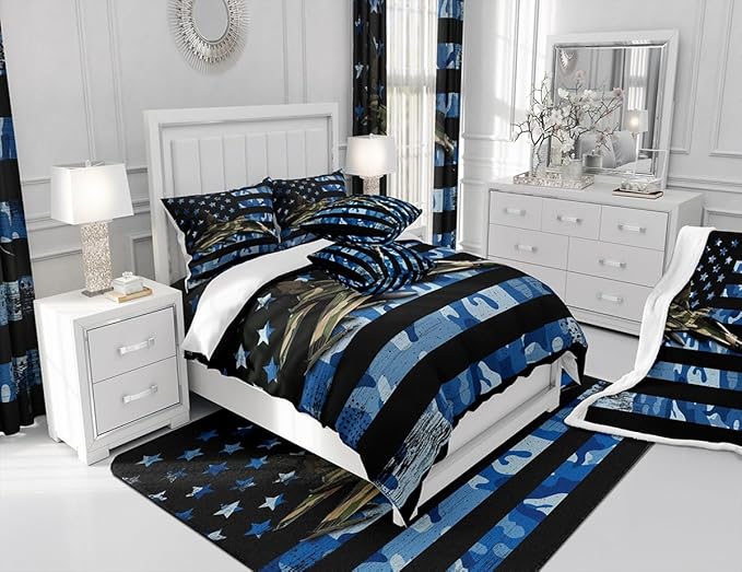 Manfei Airplane Sheet Set King Size, Army Camouflage Aircraft Bedding Set for Kid Boy Room Decor, Blue Camo American Flag Bed Sheet Set 4pcs with Deep Pocket Fitted Sheet + Flat Sheet + 2 Pillowcases