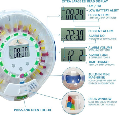 Automatic Pill Dispenser w/Alarm, Sound & Light, 28-Day Locked Medication Dispenser w/Easy-Read Display, up to 6 Alarms/Day, 9 Dosage Templates for Prescriptions, Vitamins & More, Clear Lid