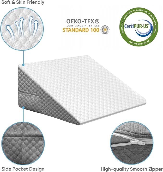 Wedge Pillow, 10 Inch Bed Wedge Pillow for Headboard, Pillow Wedge for Acid Reflux Relief, After Surgery, Sleeping，Back Pain Relief, Memory Foam Top, LightGrey