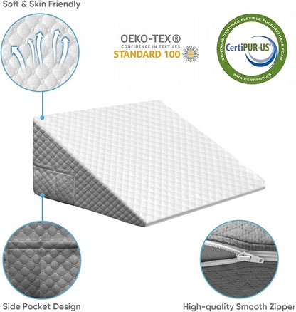 Wedge Pillow, 10 Inch Bed Wedge Pillow for Headboard, Pillow Wedge for Acid Reflux Relief, After Surgery, Sleeping，Back Pain Relief, Memory Foam Top, LightGrey