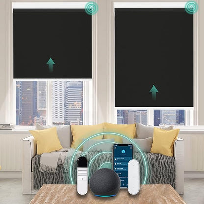 Allesin Motorized Roller Shade Blinds Work with Alexa for Window, 80% Blackout Smart Shades Cordless with Remote Control, Electric Automated Blinds, Customized Size, Lithium Battery Motor(Black)