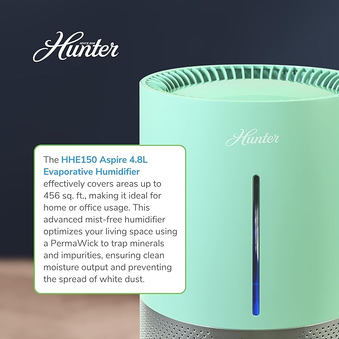 HHE150 Hunter Aspire 4.8L Evaporative Humidifier with PermaWick Filter (4.8L) - Remove Contaminants & White Dust for Clean Mist & Air – Medium Humidifier for Home, Bedroom, or Dorm - Aqua
