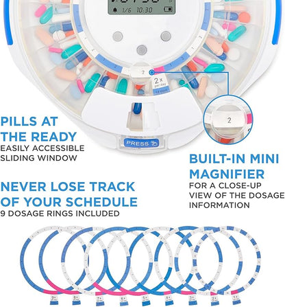 Live Fine Smart WiFi Automatic Pill Dispenser Clear Lid | 28-Day Medication Organizer Up to 9 Doses Per Day for Care Monitoring with Lock Key, Light/Sound Alarms for Prescriptions & Vitamins