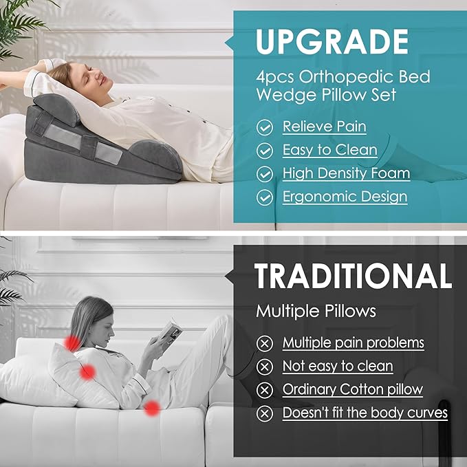 4Pcs Wedge Pillow Set for After Surgery,Acid Reflux Relief, Adjustable Bed Wedge Pillows for Sleeping,Anti Snore, Memory Foam Triangle Pillow for Back&Neck&Shoulder Pain Relief, Plush Grey