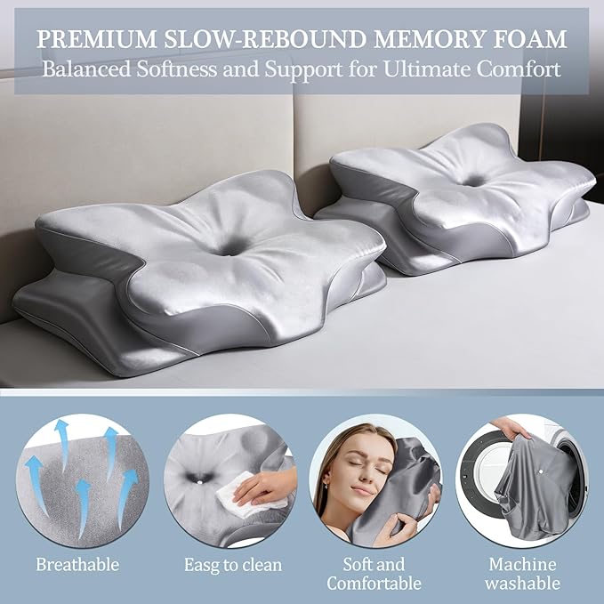 CCidea Cervical Neck Support Pillow, Ergonomic 50D Memory Foam Pillows for Neck Pain Relief, Breathable Pillowcase, US Patent Adjustable Contour Support for Side Back Stomach Sleepers, Odorless