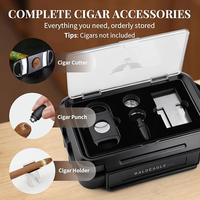 Bald Eagle Travel Cigar Humidor, Cigar Case with Humidifier Hygrometer Holder, Portable Acrylic Top Cigar Box Accessories Kit with Cutter, Punch, 5-8 Cigars