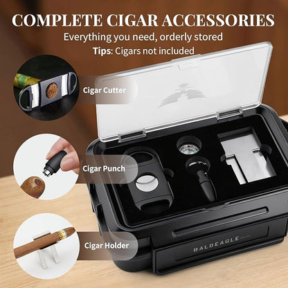 Bald Eagle Travel Cigar Humidor, Cigar Case with Humidifier Hygrometer Holder, Portable Acrylic Top Cigar Box Accessories Kit with Cutter, Punch, 5-8 Cigars
