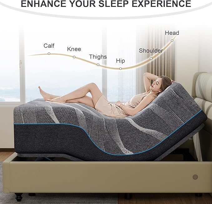 Vipbear Full Adjustable Bed Frame with Mattress, 14 Inch Grey Gel Memory Foam Firm Mattress in Box, Adjustable Bed Base with Separate Head/Foot Lift, Updated Electric Beds with USB,Wireless Remote