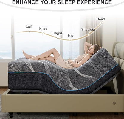 Vipbear Full Adjustable Bed Frame with Mattress, 14 Inch Grey Gel Memory Foam Firm Mattress in Box, Adjustable Bed Base with Separate Head/Foot Lift, Updated Electric Beds with USB,Wireless Remote