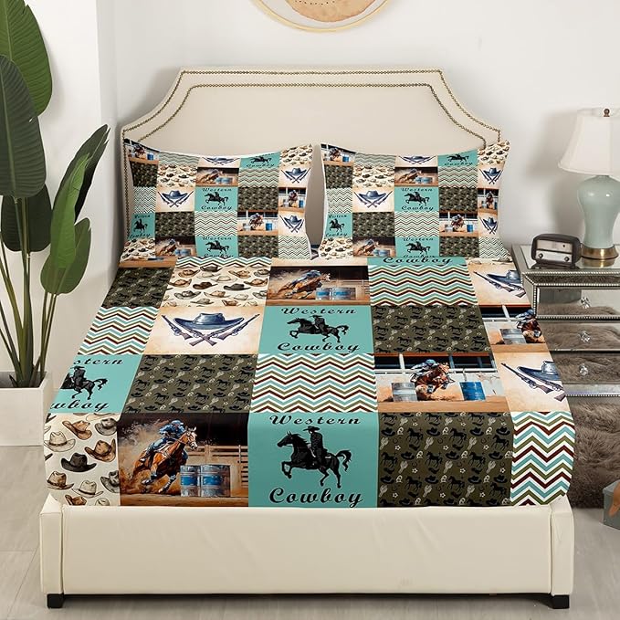 Western Cowboy Bedding Set Twin Size Retro Tribal Cowboy Hats Boots Horseshoe Bed Set for Teens Kids Sheet Rustic Farm Green Brown Plaids Patchwork Bed Cover(1 Fitted Sheet+1 Pillow Case)