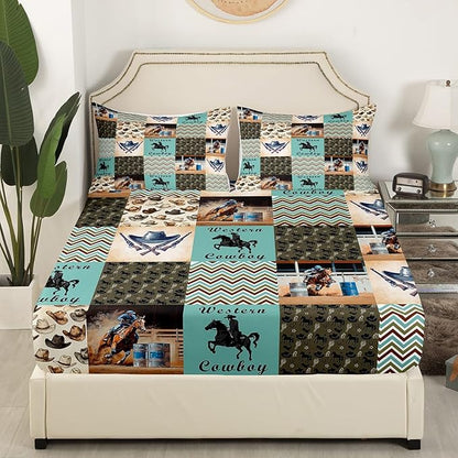 Western Cowboy Bedding Set Twin Size Retro Tribal Cowboy Hats Boots Horseshoe Bed Set for Teens Kids Sheet Rustic Farm Green Brown Plaids Patchwork Bed Cover(1 Fitted Sheet+1 Pillow Case)