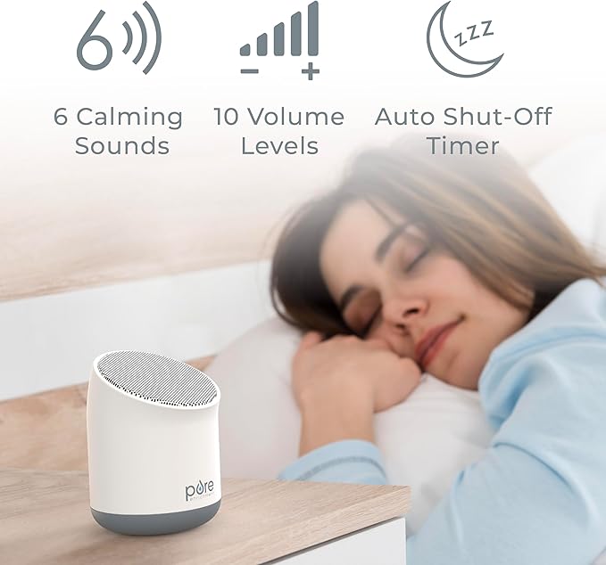 Pure Enrichment Wave Mini Travel Sound Machine - 6 Soothing Sounds Including White Noise, Seamless Loop Audio, Rechargeable Battery, 48 Hour Run Time, Optional Timer, and Storage Bag