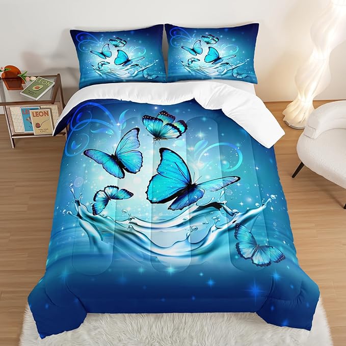 Fantasy Blue Butterfly Comforter Set Full Size,Butterflies on Water Flash Bedding Sets 3 Pieces,Blue Series Aesthetic Bedding for Kids Girls Boys Room Decor with 2 Pillowcases.