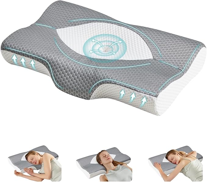 Sweetcrispy Cervical Pillow for Neck and Shoulder,Contour Memory Foam Pillow,Ergonomic Neck Support Pillow for Side Back Stomach Sleepers with Pillowcase, Grey