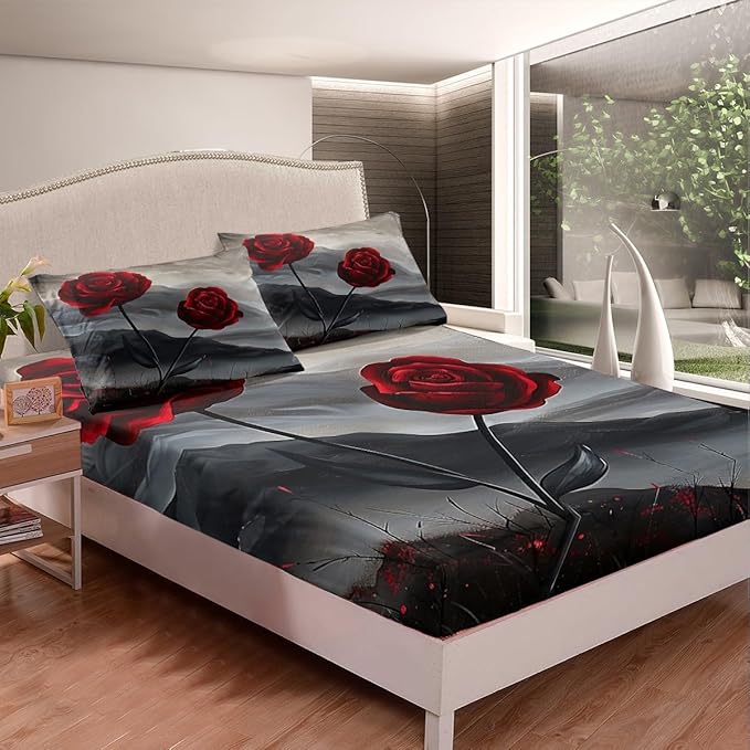 Manfei Red Roses Fitted Sheet Set with 2 Pillowcases,Aesthetic Natural Mount Paint Bed Sheet Teens,Romantic Blooming Flowers Top Flat Sheet Luxury Microfiber,Queen Size