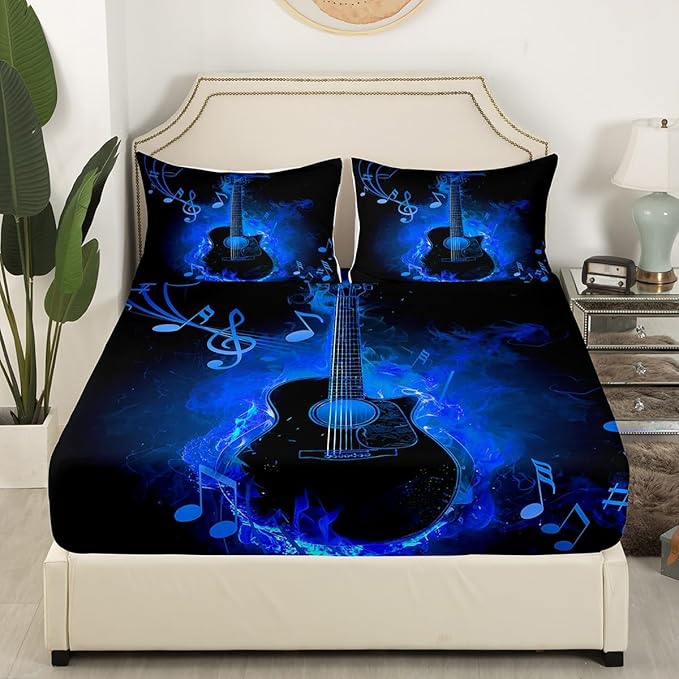 Electric Guitar Bed Sheet Set Twin Size,Rock Music Theme Guitar Musical Notes Sheet Set,Neon Blue Glowing Modern Artistic Bedding Set with 1 Flat & 1 Fitted Sheet with 1 Pillow Sham