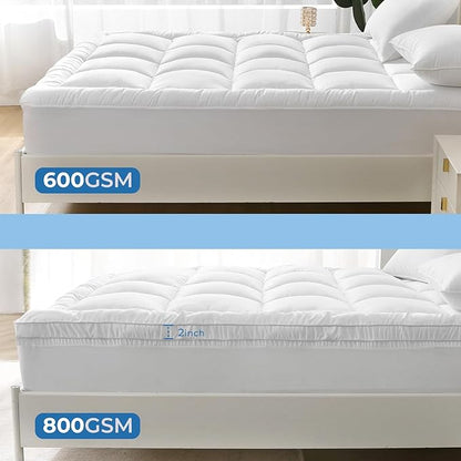 YUGYVOB California King Mattress Topper - 800GSM Extra Thick Cooling & Breathable Mattress Pad with Deep Pocket 8"-21" & Soft Down Alternative Filling, White