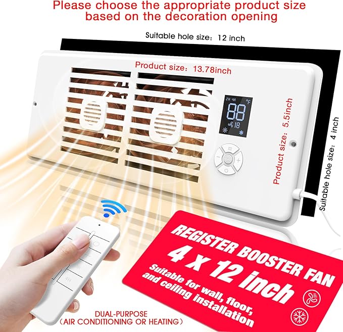 Register Booster Fan Fits 4" x 12" Register Holes, 10-Speed Smart Thermostat AC Vent Fan with Timer Setting and Aroma Function, Air Vents Fans & Heating for Wal