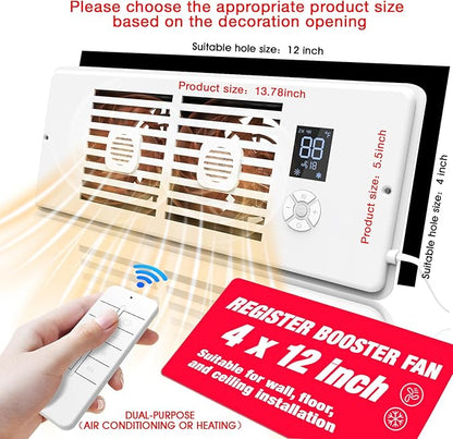 Register Booster Fan Fits 4" x 12" Register Holes, 10-Speed Smart Thermostat AC Vent Fan with Timer Setting and Aroma Function, Air Vents Fans & Heating for Wal