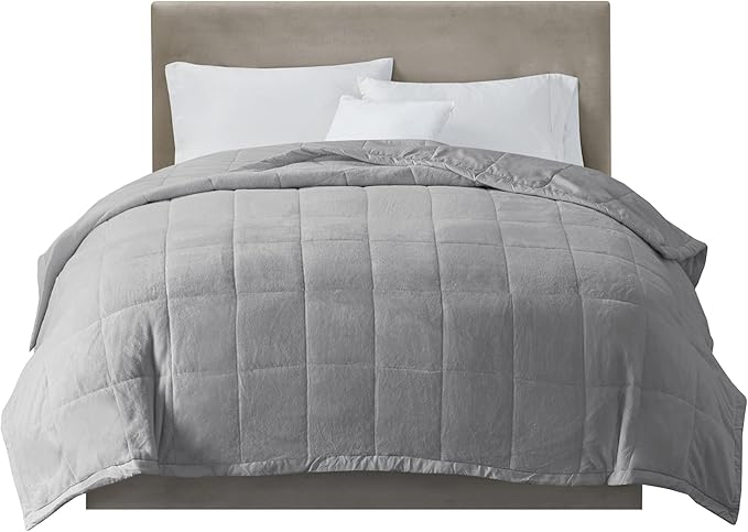 Madison Park King Cozy Blanket HeiQ Smart Temperature Plush to Microfiber Reverse Box Quilting, Reversible, Soft All Season, Lightweight Summer Cover, for Bed, Couch and Sofa, King, Grey
