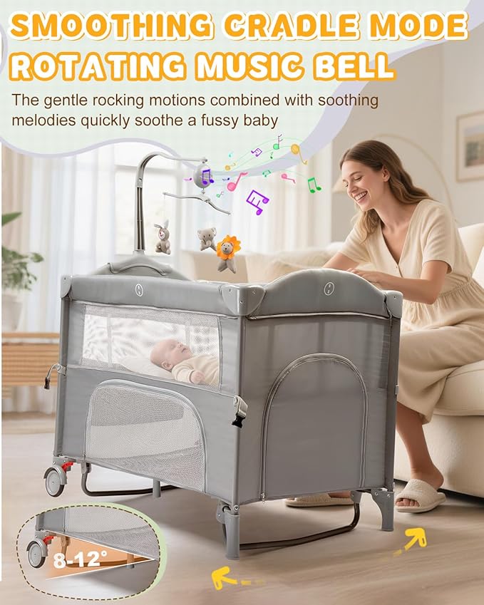 Ktaxon 5 in 1 Baby Bassinets Bedside Sleeper, Pack and Play, Baby Crib with Cradle Mode, Bedside Storage, Detachable Mattress, Fast Folding Design, Travel Bag, Playard from Newborn to Toddler