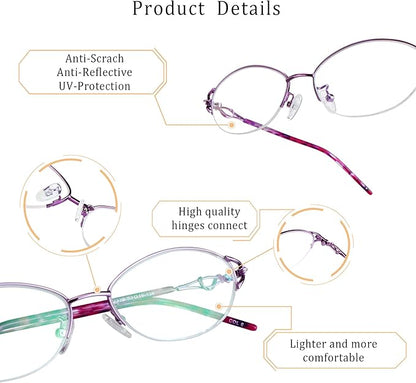 LifeArt Alloy Semi-Rimless Reading Glasses,Blue Light Blocking Glasses, Anti Eyestrain, Computer Gaming Glasses, TV Glasses for Women Men, Anti Glare (Purple, +1.00 Magnification)