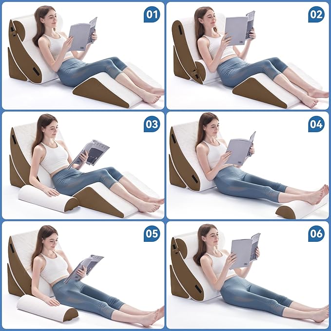 Wedge Pillow Set for After Surgery, 4 PCS Bed Wedge Pillow for Sleeping, Memory Foam Orthopedic Back Pillow for Pain Relief and Acid Reflux, Adjustable Post Surgery Pillow Brown