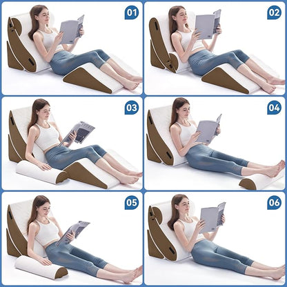Wedge Pillow Set for After Surgery, 4 PCS Bed Wedge Pillow for Sleeping, Memory Foam Orthopedic Back Pillow for Pain Relief and Acid Reflux, Adjustable Post Surgery Pillow Brown