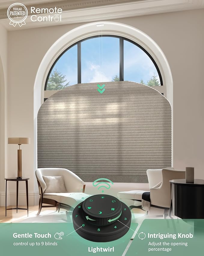 Yoolax Smart Cellular Shades, Motorized Elongated Arch Honeycomb Blinds with Remote Compatible with Alexa, Customized Elongated Arch Cellular Shades (Half Shading Texture Light Coffee)