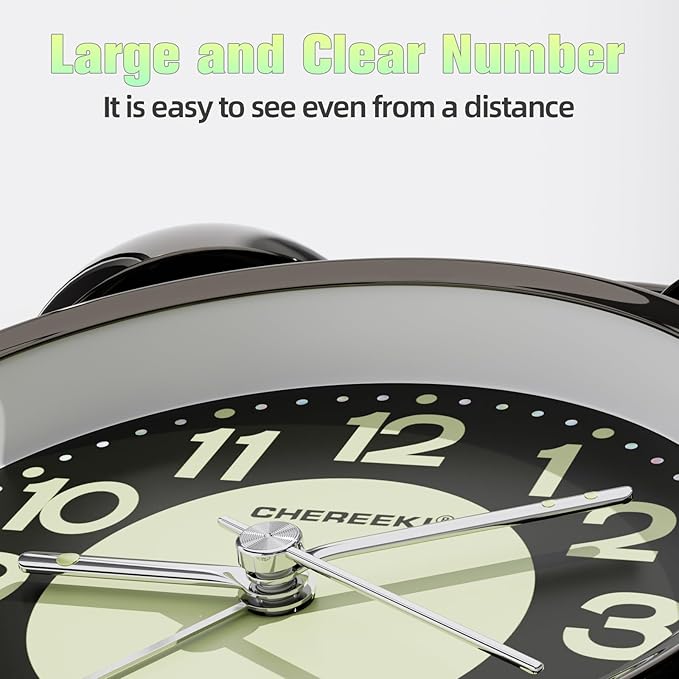 CHEREEKI Loud Alarm Clock for Heavy Sleepers Adults, Silent Non Ticking Analog Clock with Backlight, Luminous Dial, Battery Operated Alarm Clock for Bedroom, Included Battery, Black