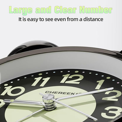 CHEREEKI Loud Alarm Clock for Heavy Sleepers Adults, Silent Non Ticking Analog Clock with Backlight, Luminous Dial, Battery Operated Alarm Clock for Bedroom, Included Battery, Black